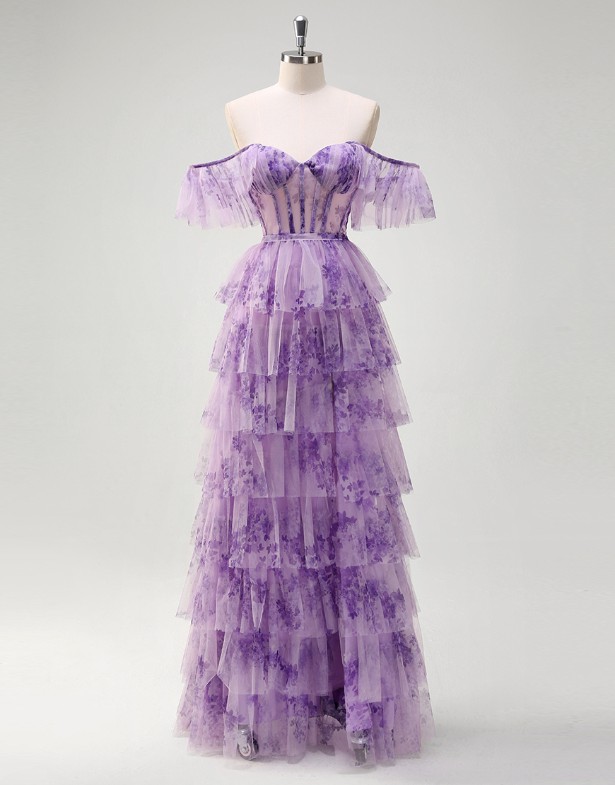 Sweetheart A-Line Off The Shoulder Lilac Floral Tiered Tulle Long Prom Dress
