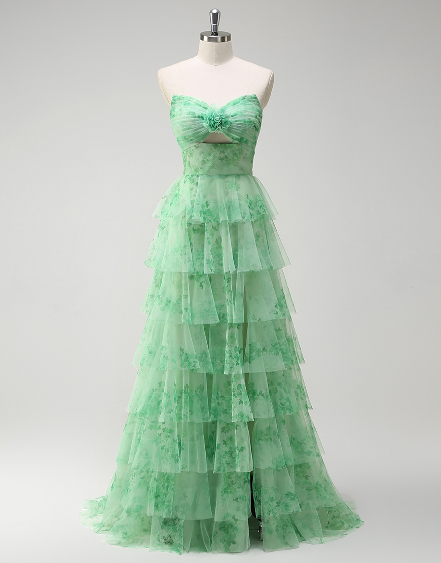 Sweetheart A-Line Strapless Green Floral Tiered Tulle Long Prom Dress