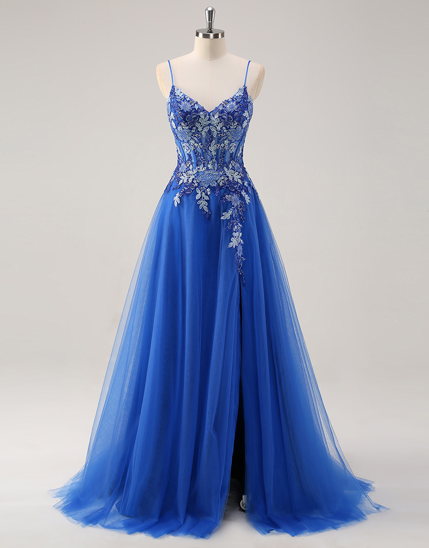 Royal Blue A-Line Spaghetti Straps Tulle Appliques Long Prom Dress with Slit