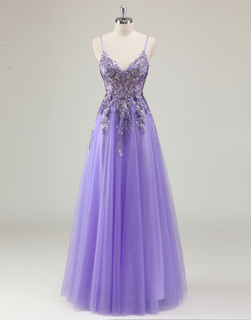 Sparkly Purple A-Line Spaghetti Straps Sequined Tulle Long Prom Dress