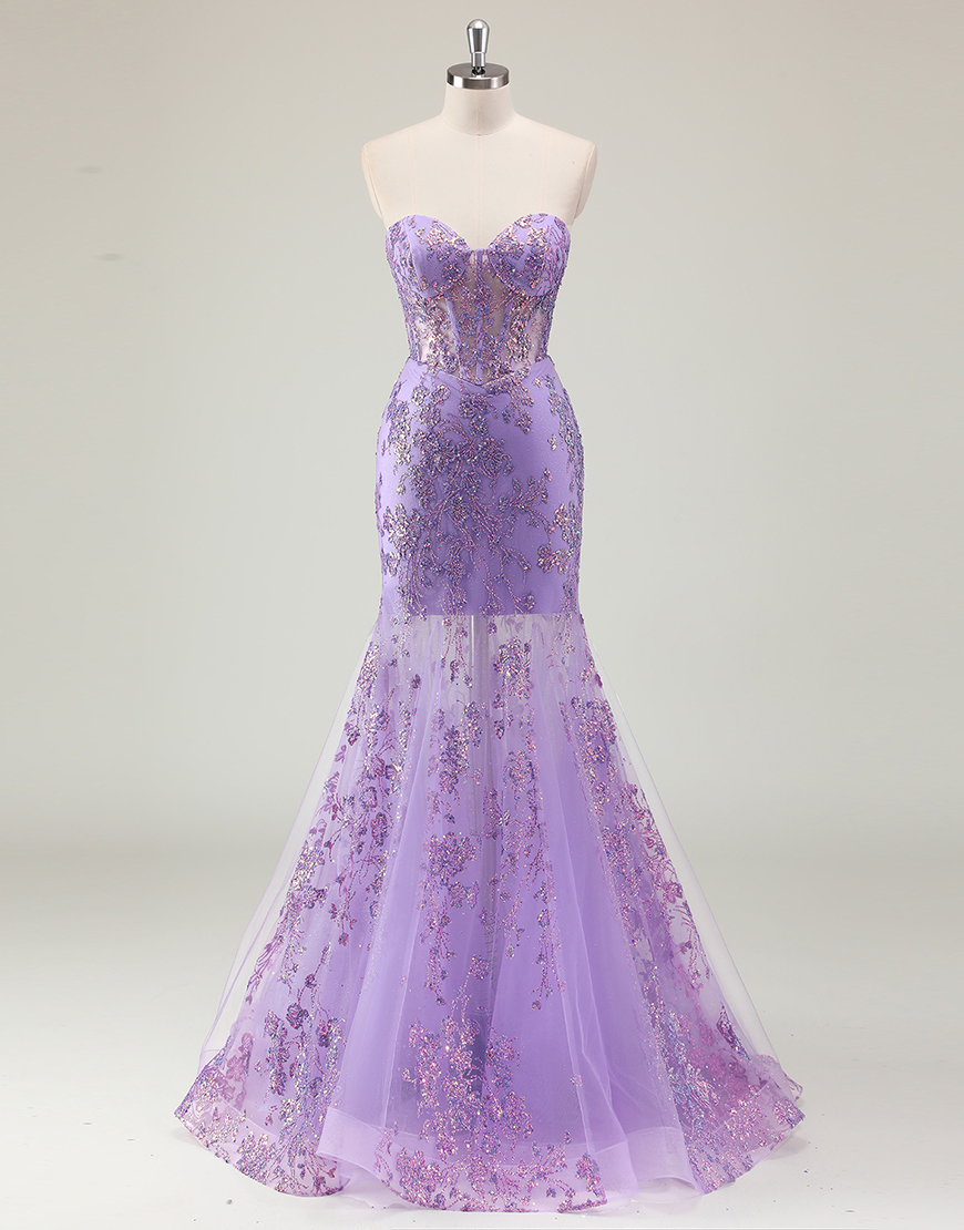 Sparkly Purple Mermaid Strapless Corset Sequined Long Prom Dress