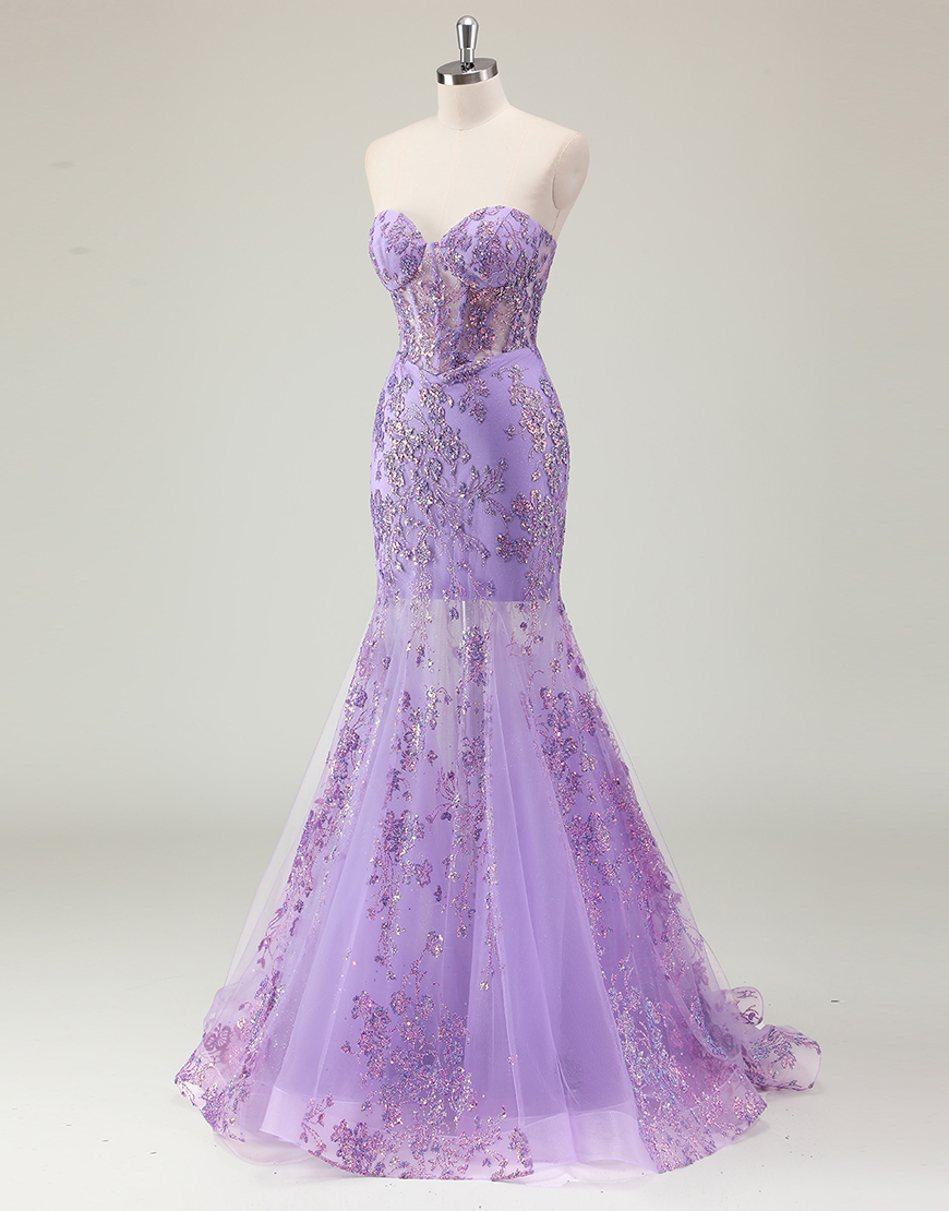 Sparkly Purple Mermaid Strapless Corset Sequined Long Prom Dress