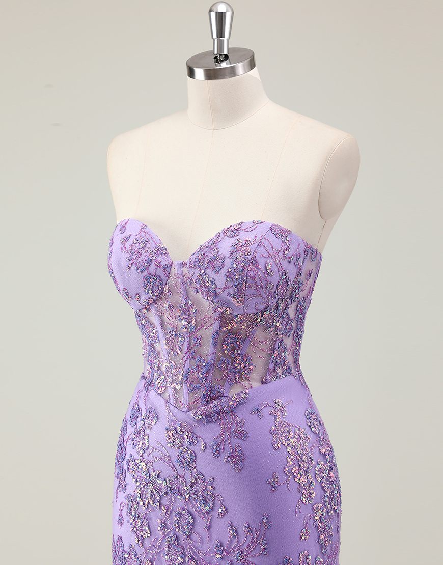 Sparkly Purple Mermaid Strapless Corset Sequined Long Prom Dress