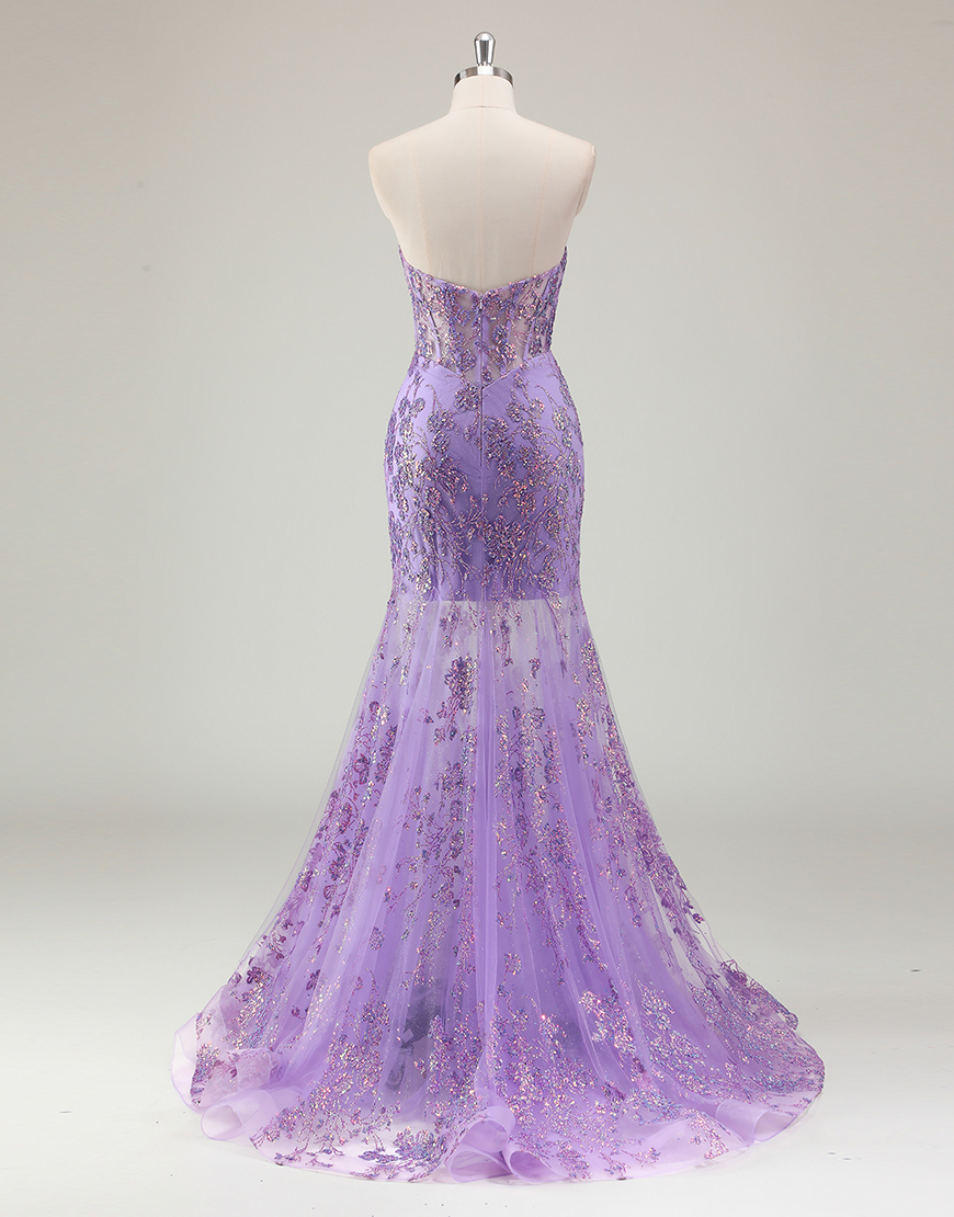 Sparkly Purple Mermaid Strapless Corset Sequined Long Prom Dress
