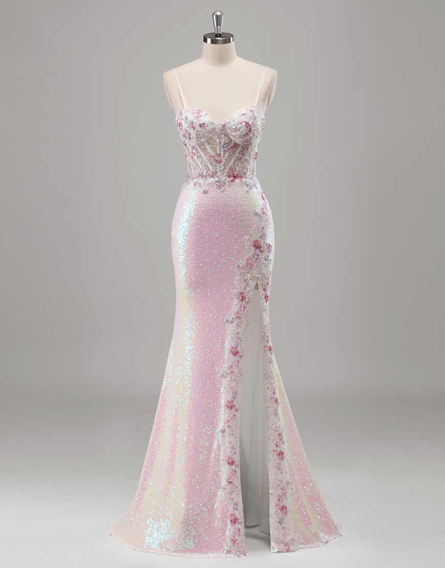 Sparkly Pink Mermaid Spaghetti Straps Flowers Corset Sequins Long Prom Dress with Slit