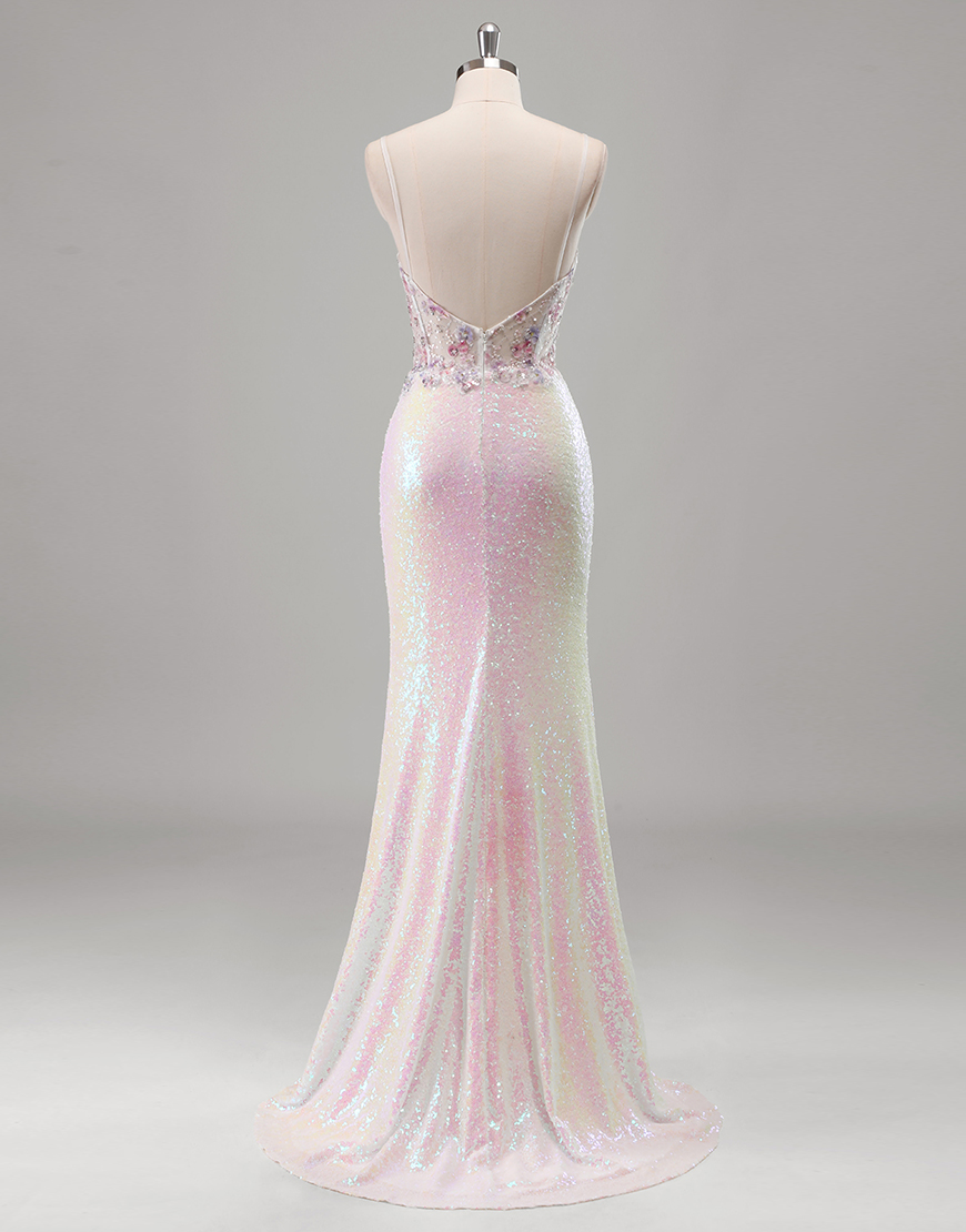 Sparkly Pink Mermaid Spaghetti Straps Flowers Corset Sequins Long Prom Dress with Slit