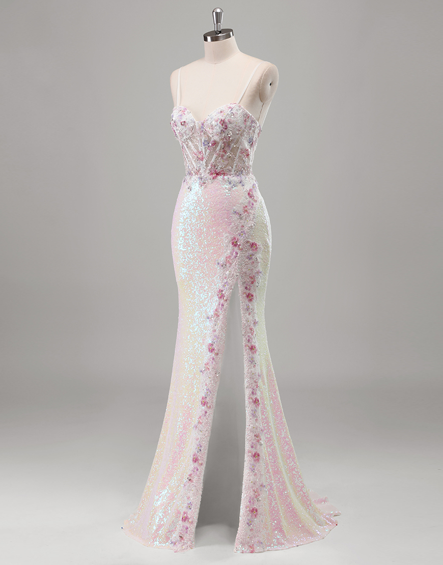 Sparkly Pink Mermaid Spaghetti Straps Flowers Corset Sequins Long Prom Dress with Slit