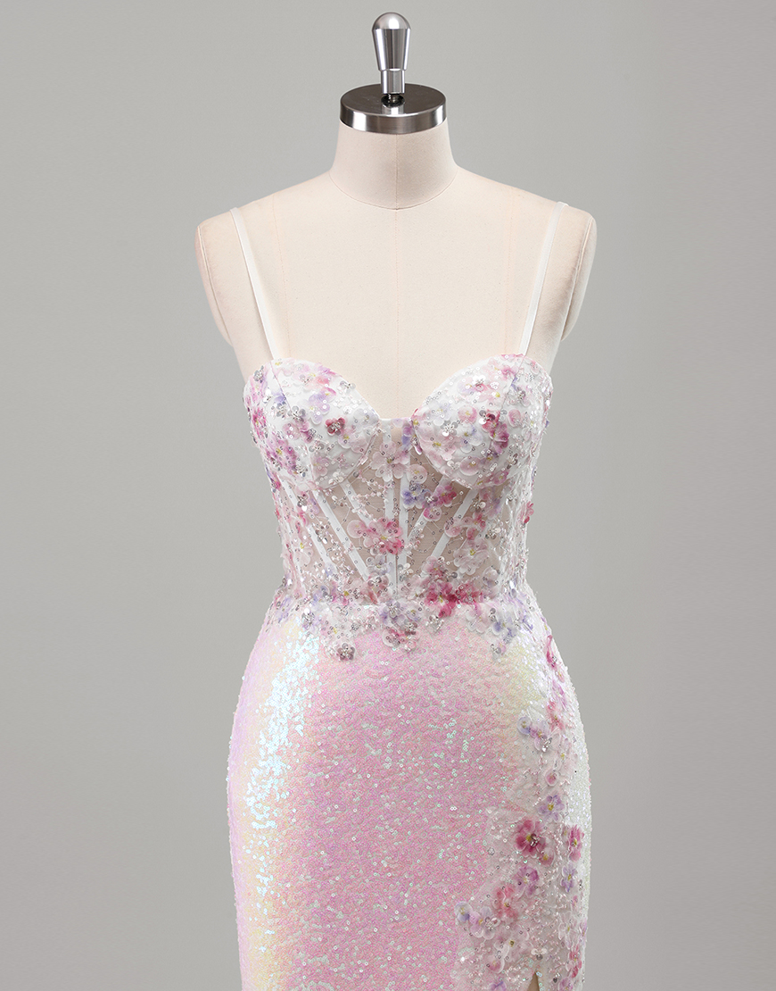 Sparkly Pink Mermaid Spaghetti Straps Flowers Corset Sequins Long Prom Dress with Slit