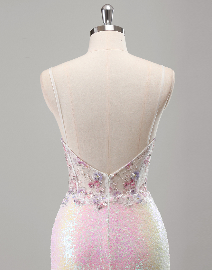 Sparkly Pink Mermaid Spaghetti Straps Flowers Corset Sequins Long Prom Dress with Slit