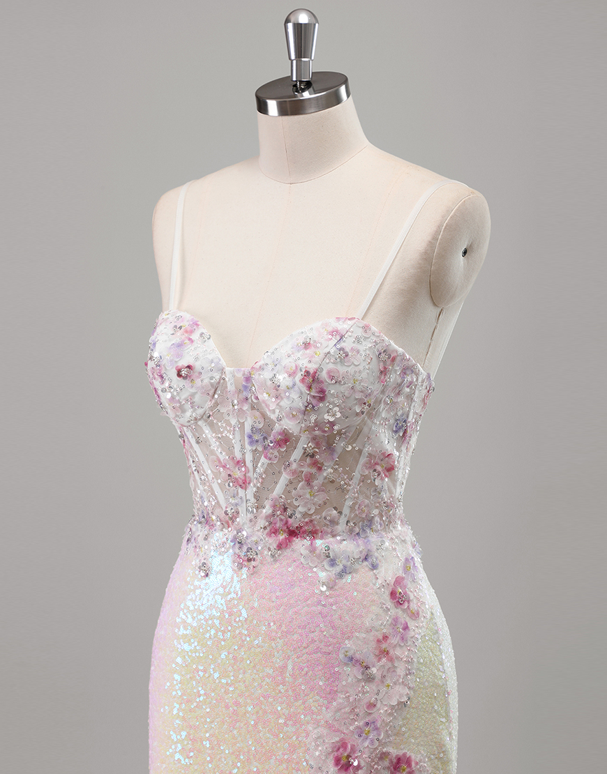 Sparkly Pink Mermaid Spaghetti Straps Flowers Corset Sequins Long Prom Dress with Slit