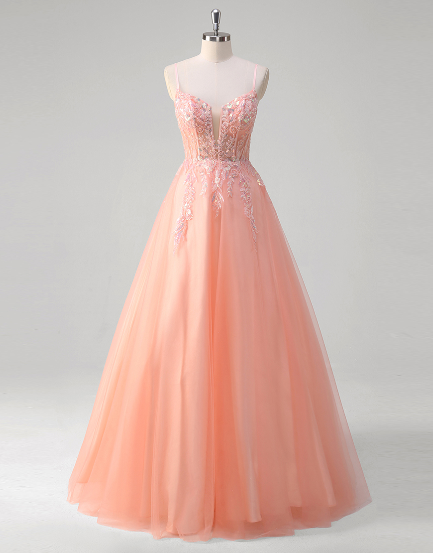 Sparkly Peach A-Line Spaghetti Straps Corset Tulle Long Prom Dress with Appliques