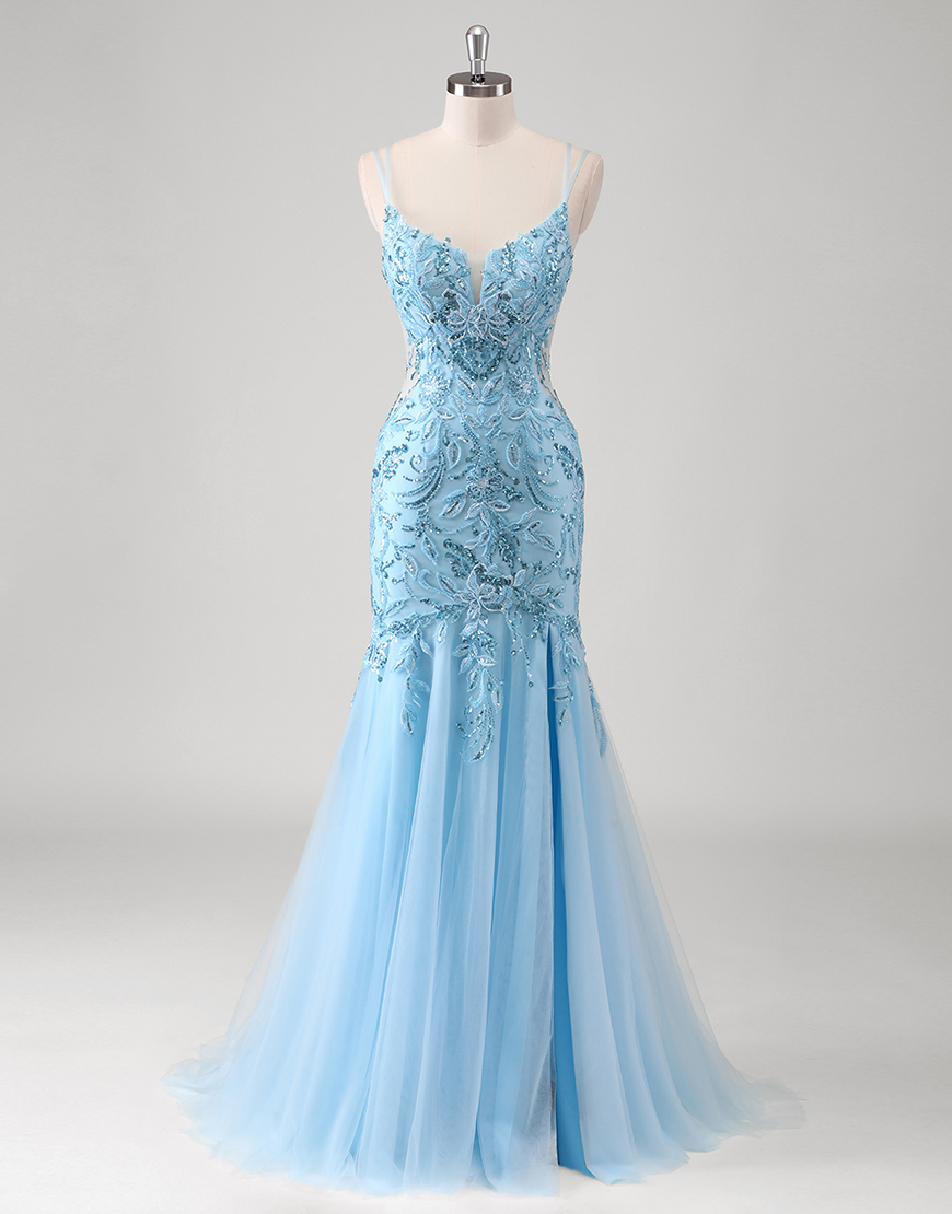 Sparkly Blue Mermaid Spaghetti Straps Appliques Long Prom Dress with Slit