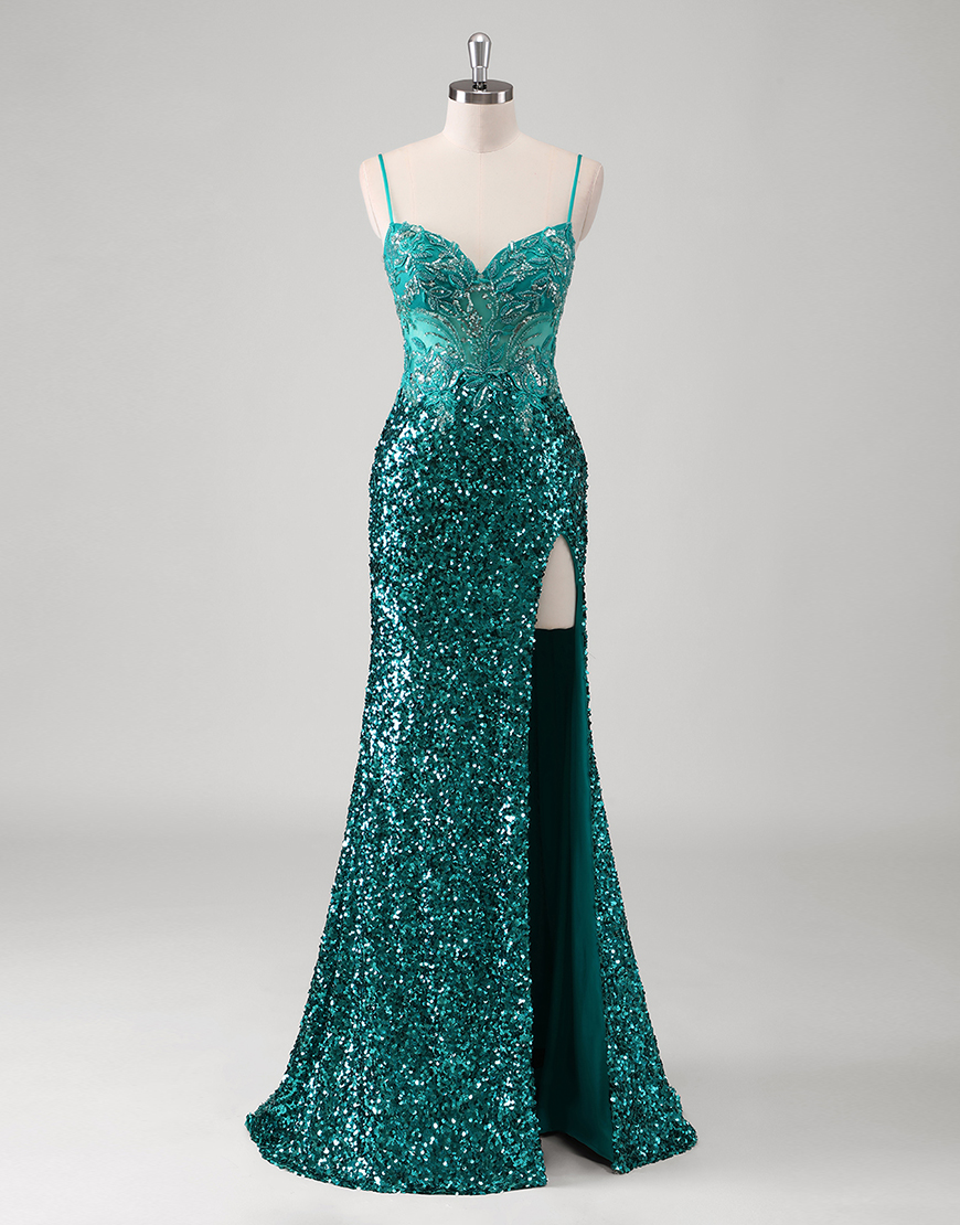 Sparky Peacock Green Mermaid Sequins Spaghetti Straps Appliques Long prom Dress with Slit
