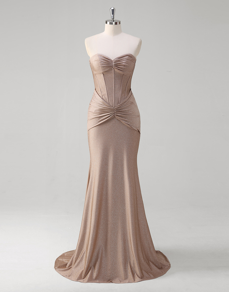 Sparkly Khaki Mermaid Strapless Ruched Corset Long Prom Dress