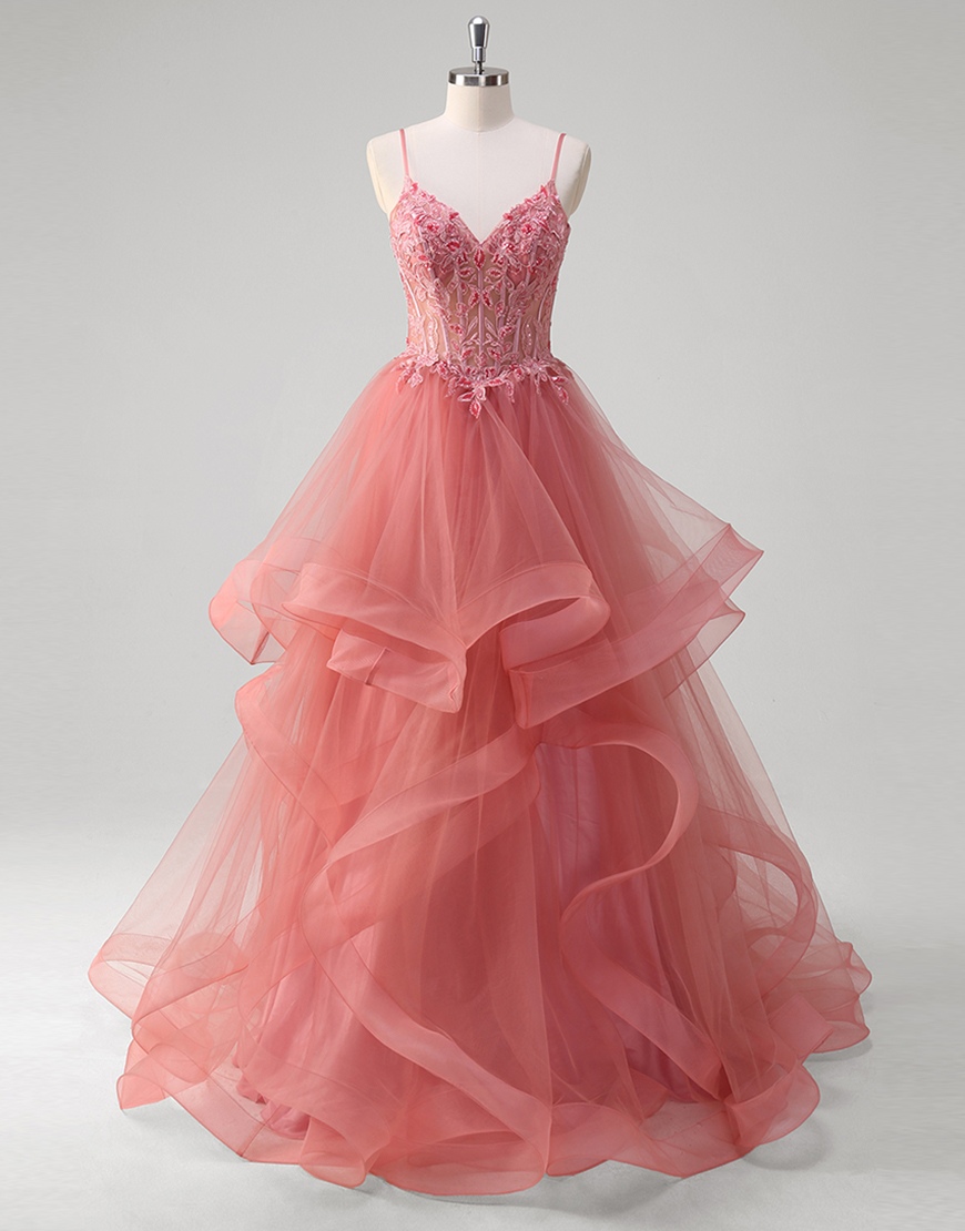 Sparkly Coral A-Line Spaghetti Straps Corset Ruffle Tulle Long Prom Dress with Appliques