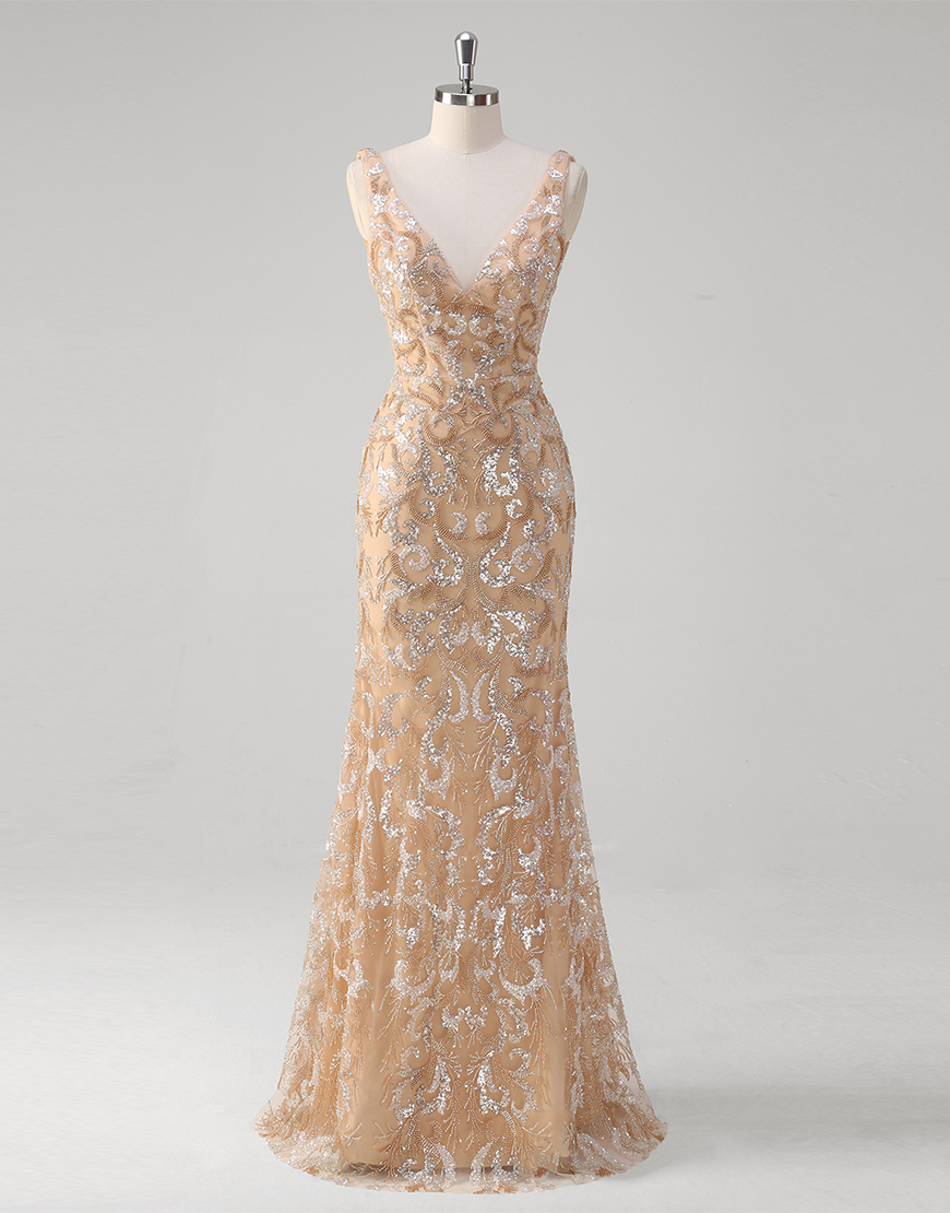 Sparkly Champagne Mermaid V Neck Beading Embroidery Tulle Long Prom Dress