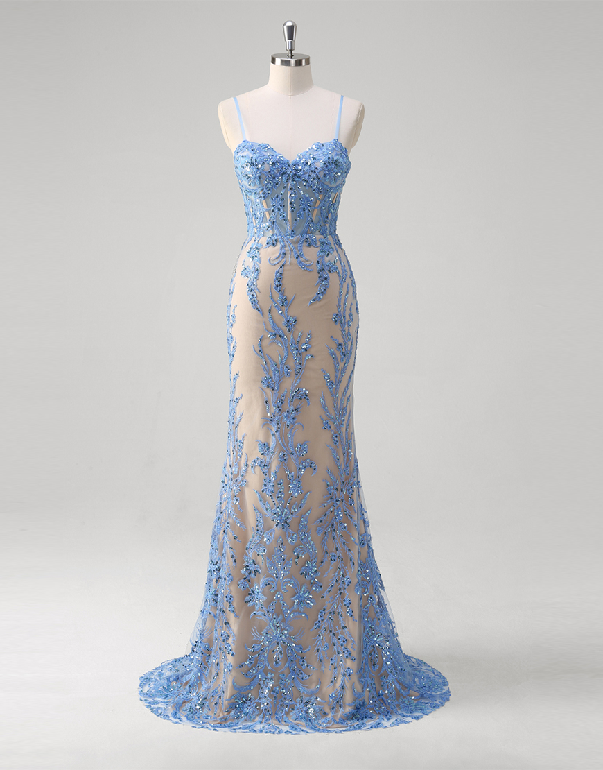 Sparkly Blue Mermaid Spaghetti Straps Sequined Embroidery Corset Long Prom Dress