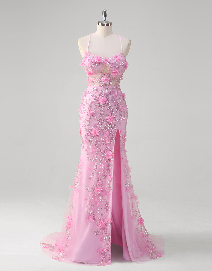 Sparkly Pink Mermaid Flowers Sequined Spaghetti Straps Long Prom Dress with Slit