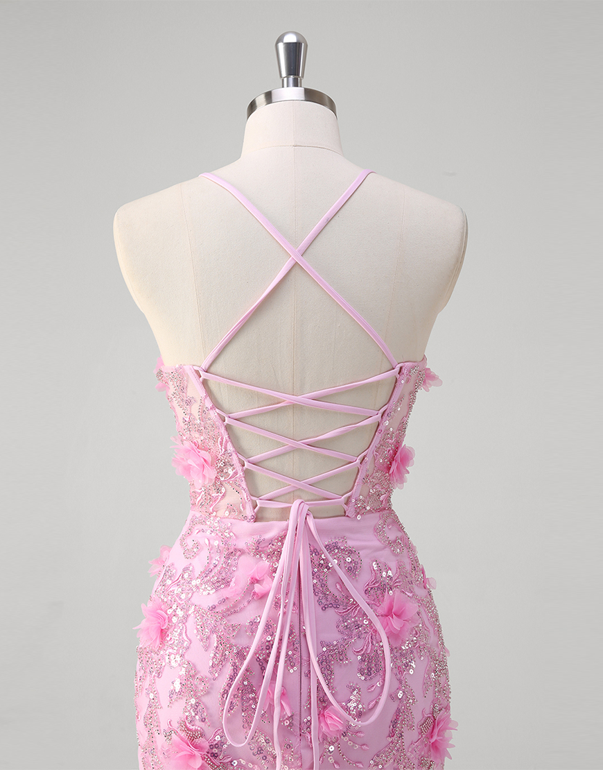 Sparkly Pink Mermaid Flowers Sequined Spaghetti Straps Long Prom Dress with Slit