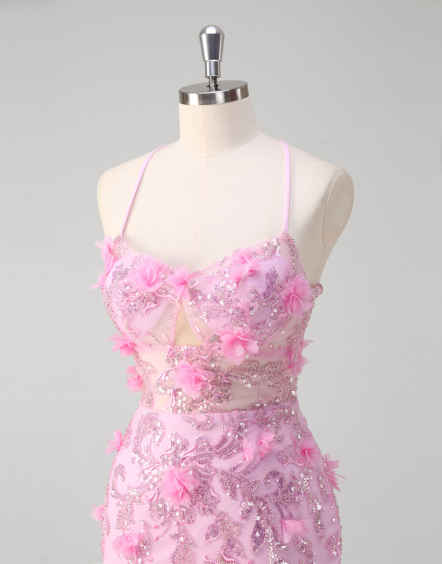 Sparkly Pink Mermaid Flowers Sequined Spaghetti Straps Long Prom Dress with Slit