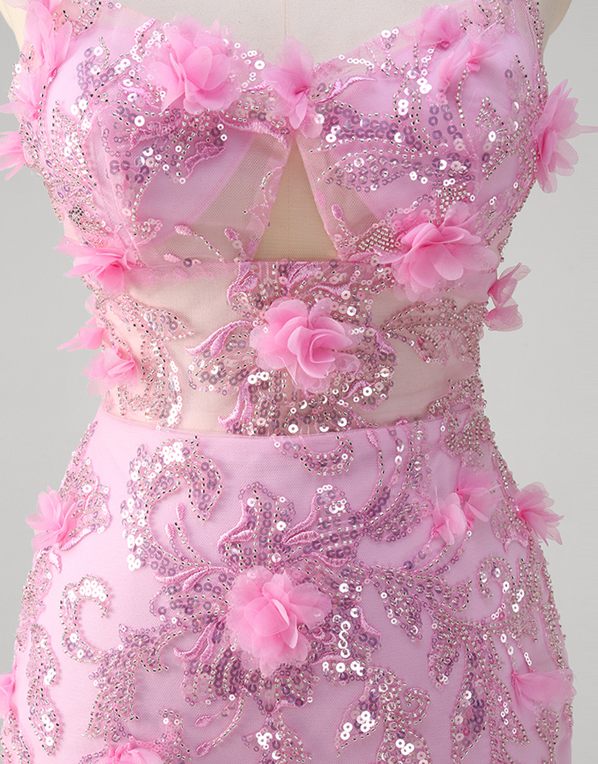 Sparkly Pink Mermaid Flowers Sequined Spaghetti Straps Long Prom Dress with Slit