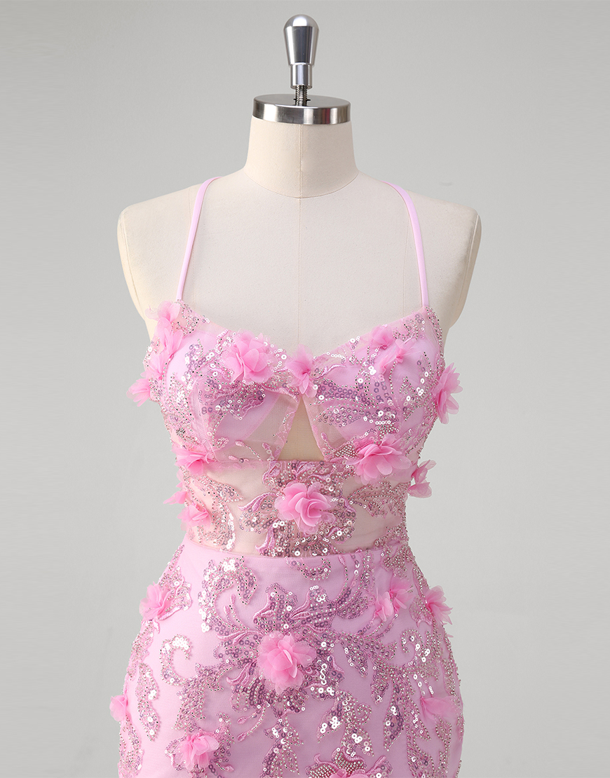 Sparkly Pink Mermaid Flowers Sequined Spaghetti Straps Long Prom Dress with Slit