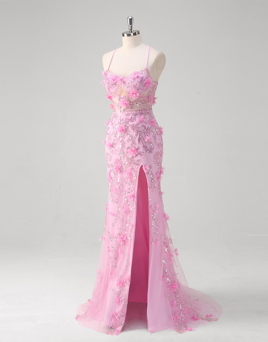 Sparkly Pink Mermaid Flowers Sequined Spaghetti Straps Long Prom Dress with Slit