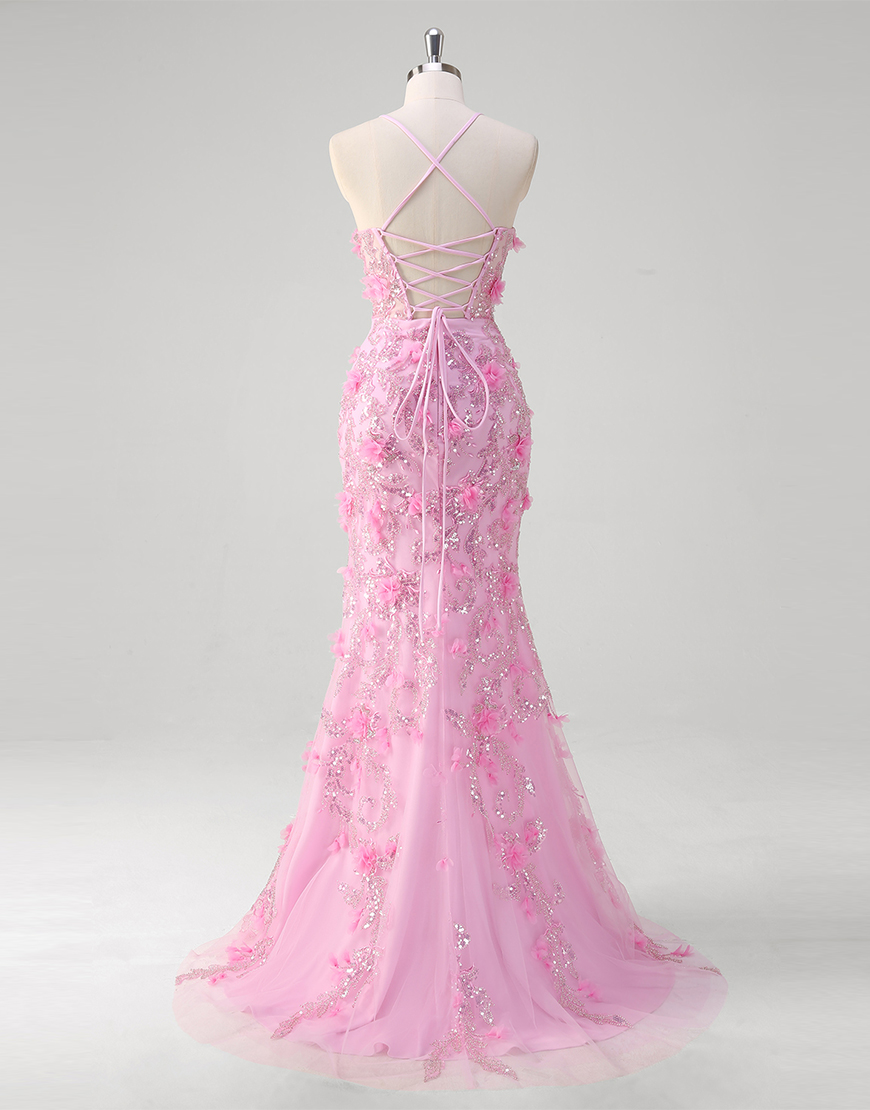 Sparkly Pink Mermaid Flowers Sequined Spaghetti Straps Long Prom Dress with Slit