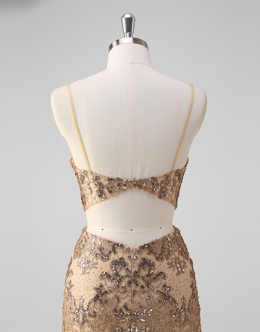 Sparkly Champagne Mermaid Spaghetti Straps Sequined Long Prom Dress with Slit