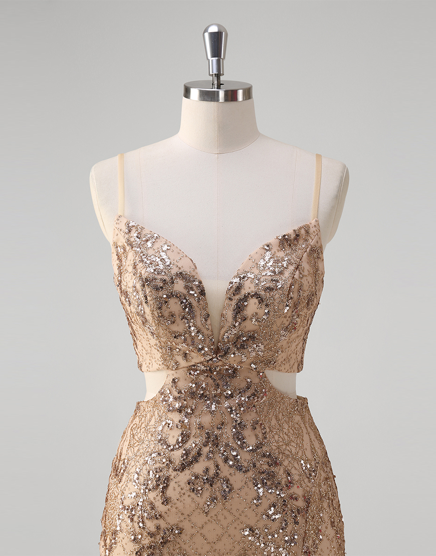 Sparkly Champagne Mermaid Spaghetti Straps Sequined Long Prom Dress with Slit