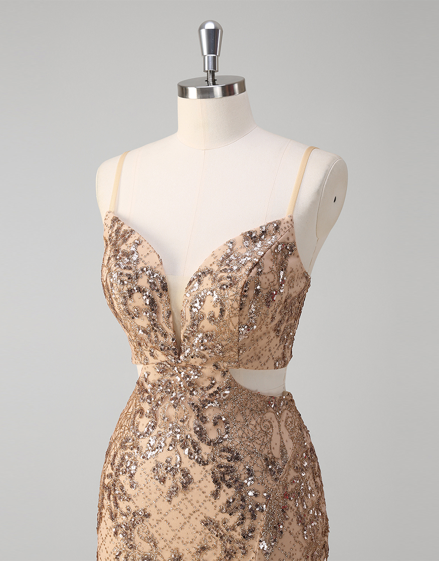 Sparkly Champagne Mermaid Spaghetti Straps Sequined Long Prom Dress with Slit
