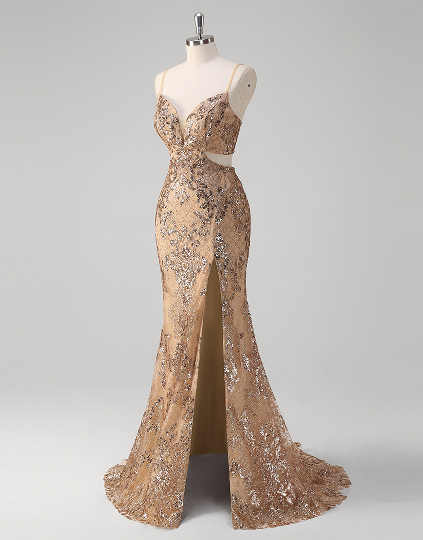 Sparkly Champagne Mermaid Spaghetti Straps Sequined Long Prom Dress with Slit