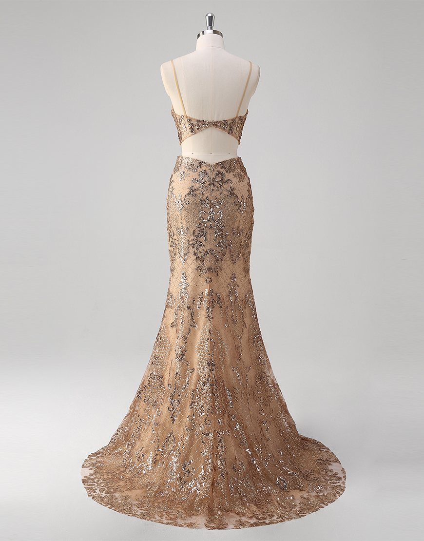 Sparkly Champagne Mermaid Spaghetti Straps Sequined Long Prom Dress with Slit
