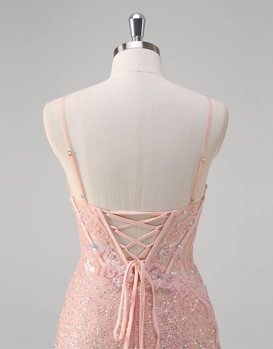 Sparkly Blush Mermaid Spaghetti Straps Corset Sequins Long Prom Dress with Slit