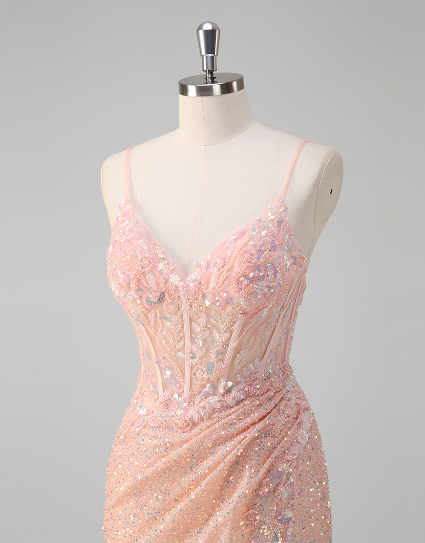 Sparkly Blush Mermaid Spaghetti Straps Corset Sequins Long Prom Dress with Slit