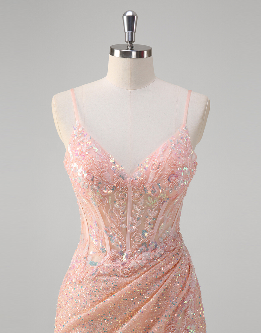 Sparkly Blush Mermaid Spaghetti Straps Corset Sequins Long Prom Dress with Slit
