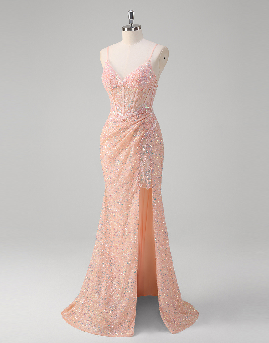 Sparkly Blush Mermaid Spaghetti Straps Corset Sequins Long Prom Dress with Slit
