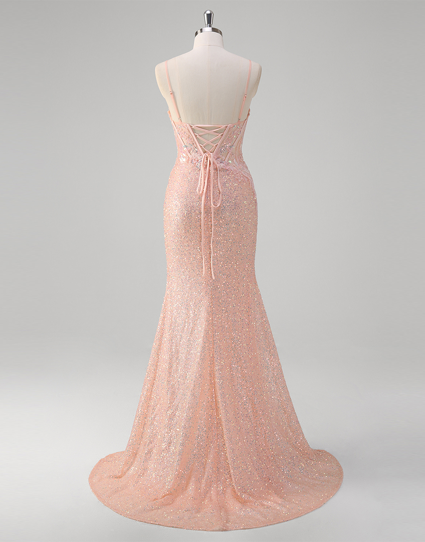 Sparkly Blush Mermaid Spaghetti Straps Corset Sequins Long Prom Dress with Slit