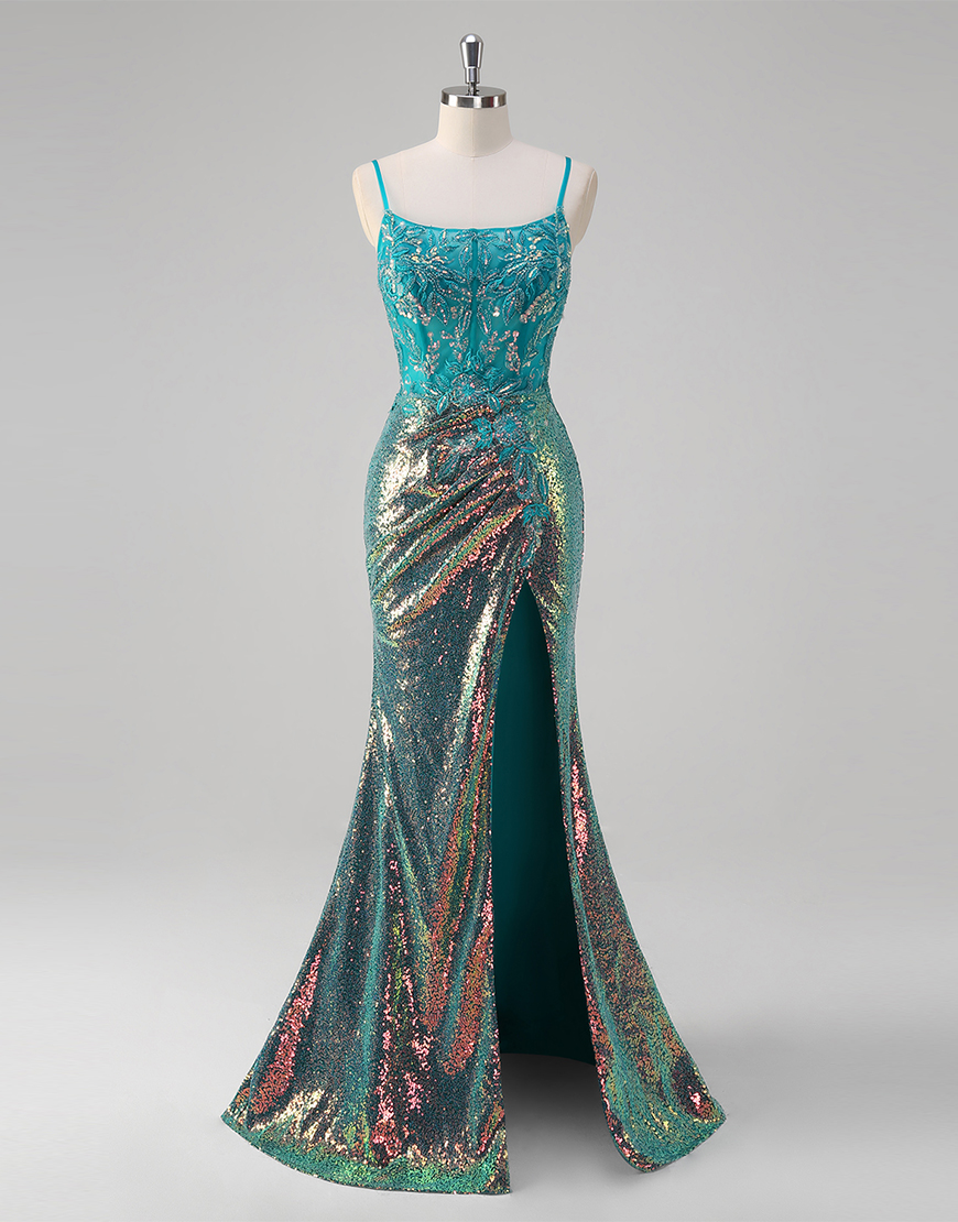 Sparkly Peacock Blue Mermaid Sequins Spaghetti Straps Corset Long Prom Dress with Slit