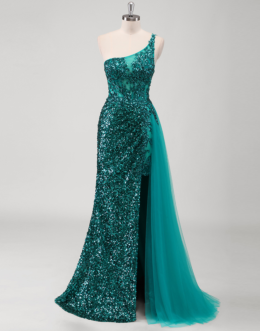 Sparkly Peacock Green Mermaid One Shoulder Sequins Long Prom Dress with Slit
