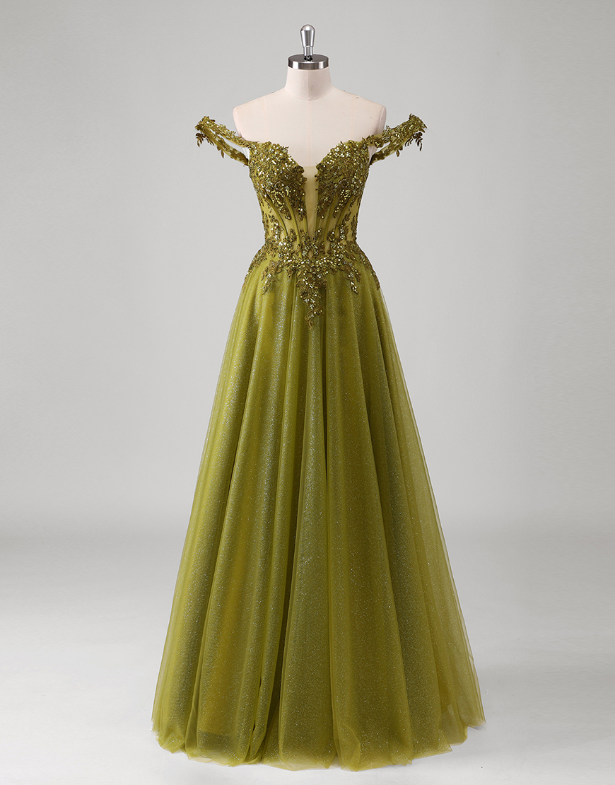Sparkly Olive A-Line Off the Shoulder Corset Tulle Long Prom Dress with Appliques