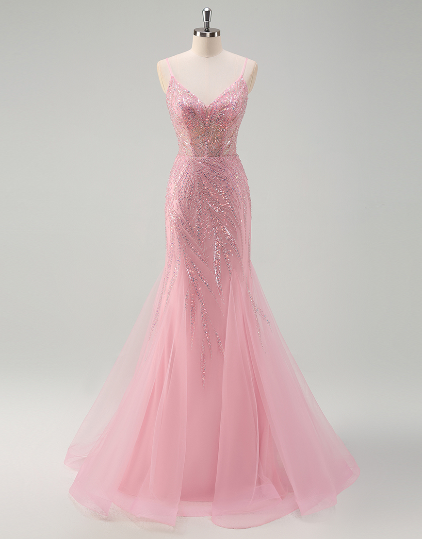 Sparkly Pink Mermaid Spaghetti Straps Sequined Corset Long Prom Dress