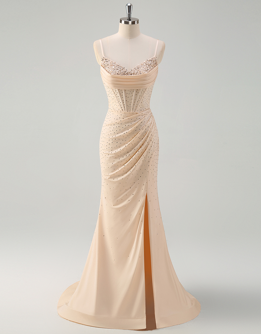 Sparkly Yellow Mermaid Beaded Corset Spaghetti Straps Long Prom Dress with Slit
