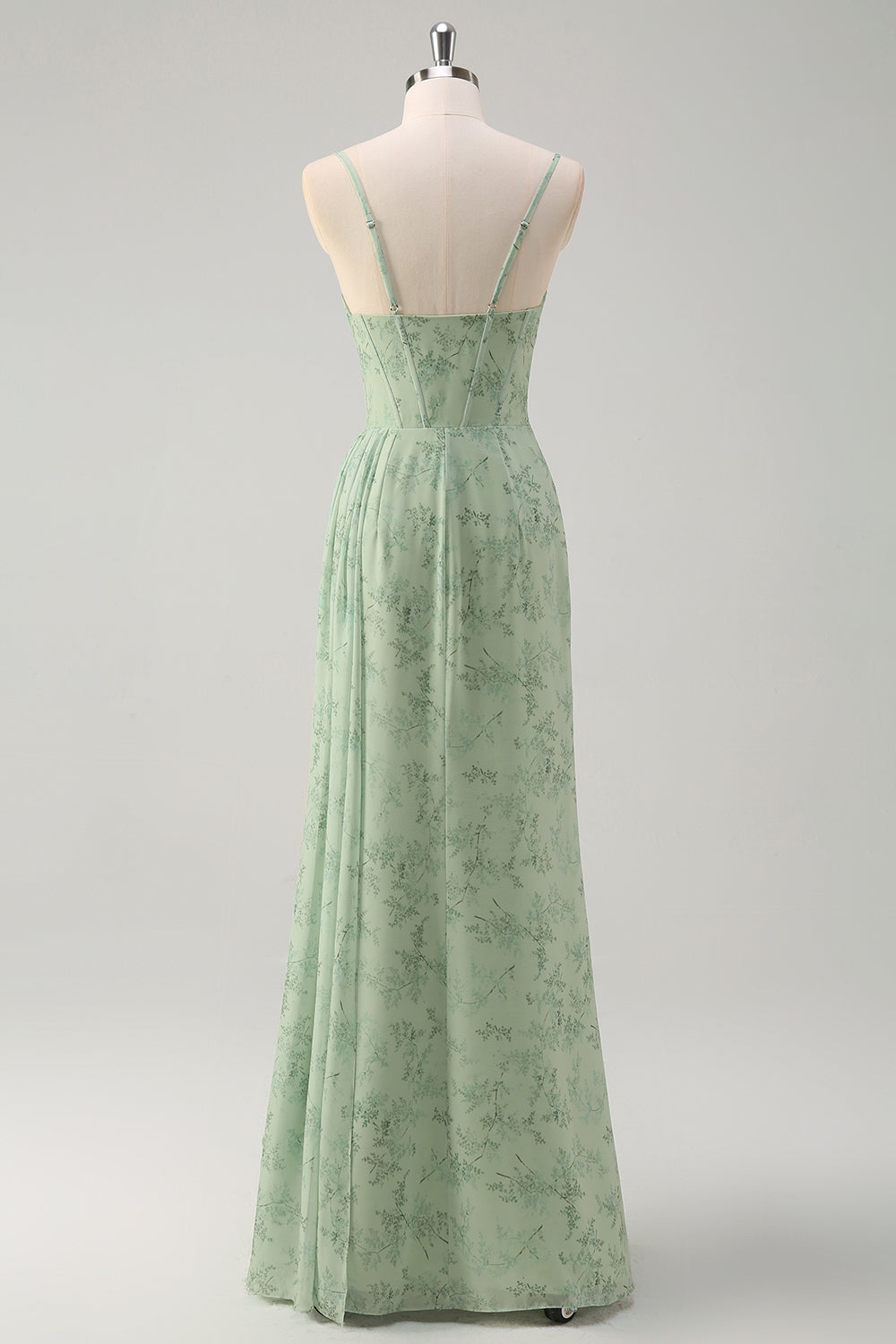 Dusty Sage Corset Floral Print Long Prom Dress with Slit