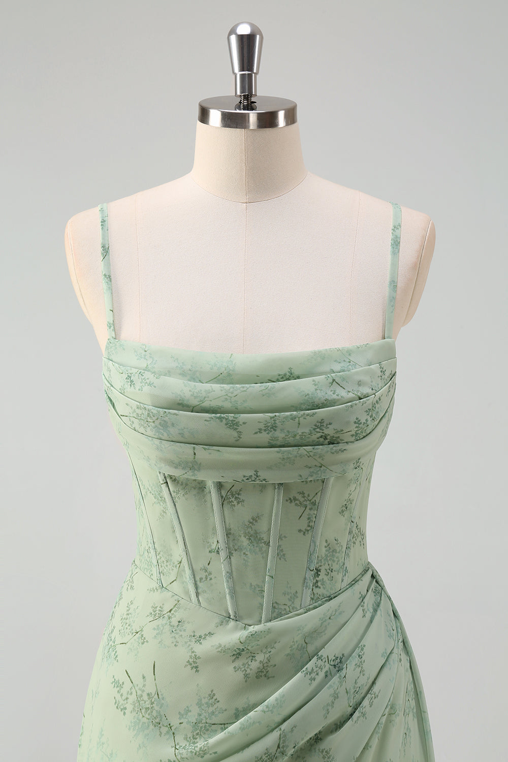 Dusty Sage Corset Floral Print Long Prom Dress with Slit