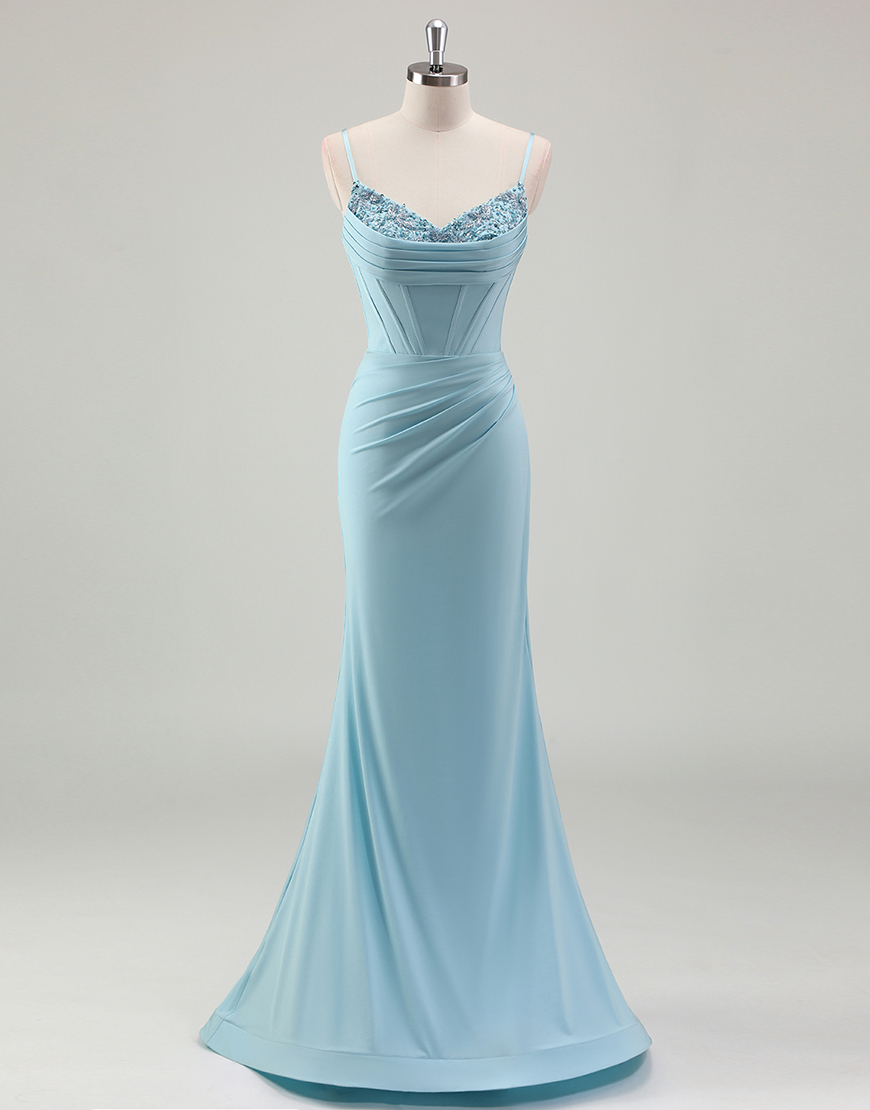 Sparkly Blue Mermaid Spaghetti Straps Corset Ruched Long Prom Dress