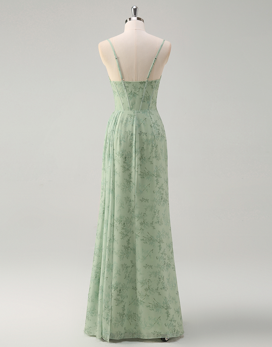 Dust Sage Mermaid Floral Spaghetti Straps Corset Long Prom Dress with Slit