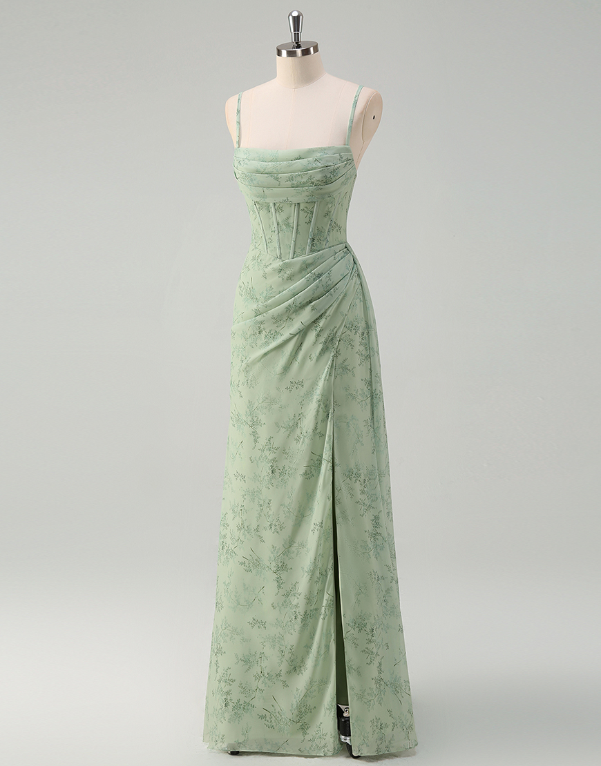 Dust Sage Mermaid Floral Spaghetti Straps Corset Long Prom Dress with Slit