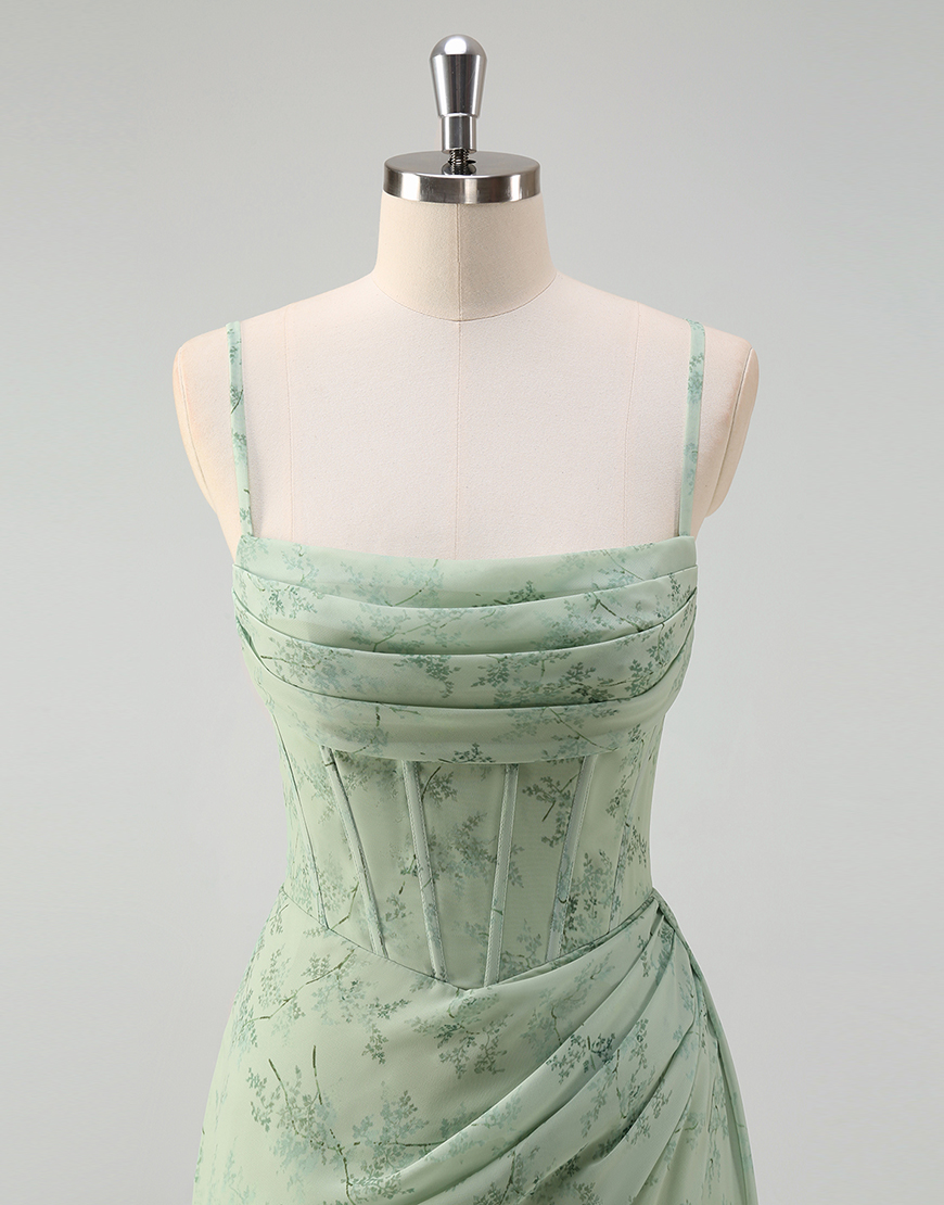 Dust Sage Mermaid Floral Spaghetti Straps Corset Long Prom Dress with Slit