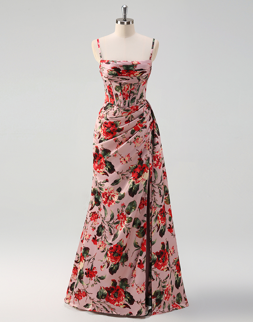 Pink Red Flower Sheath Spaghetti Straps Corset Ruched Long Prom Dress with Slit